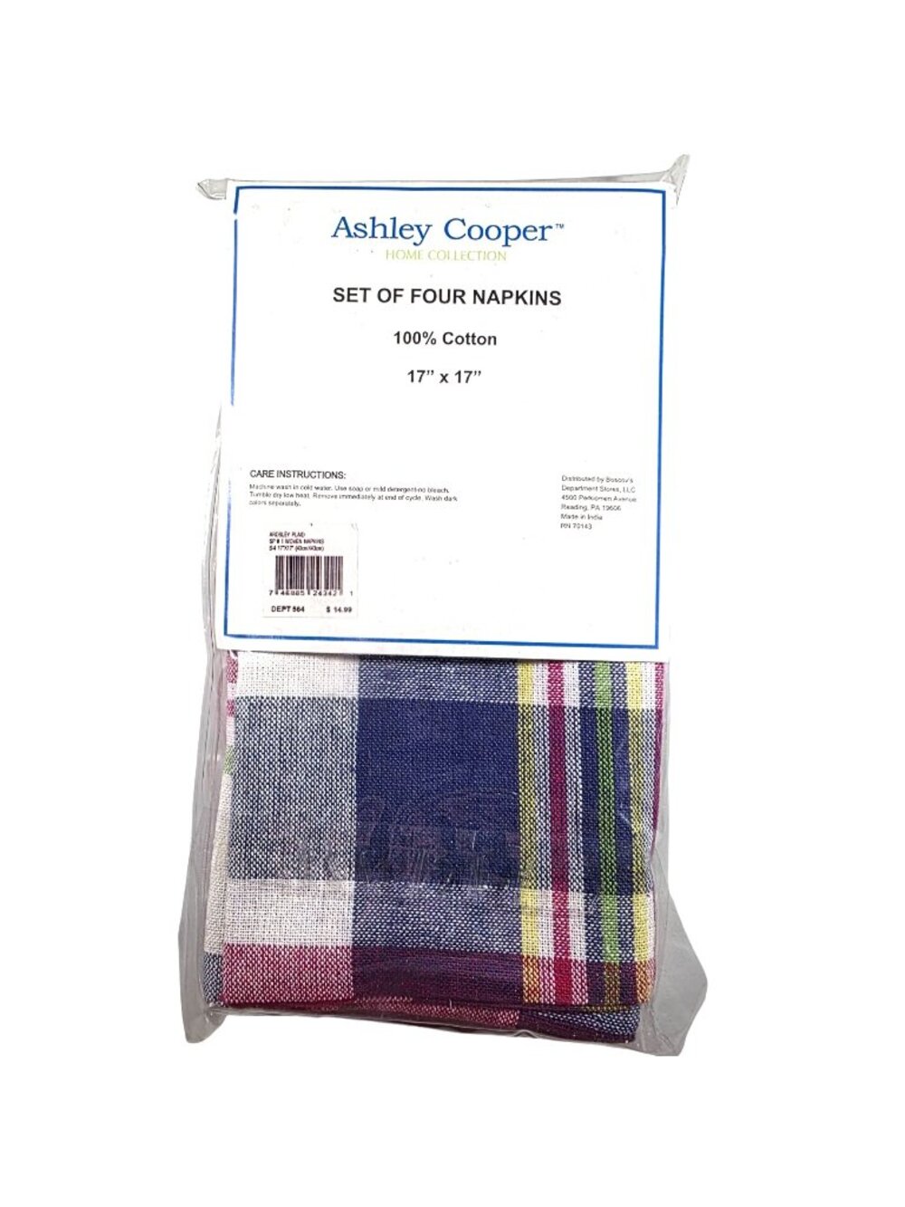 Set Of 4 Plaid Cotton Napkins Ashley Cooper Ardsley blue red green table linens
